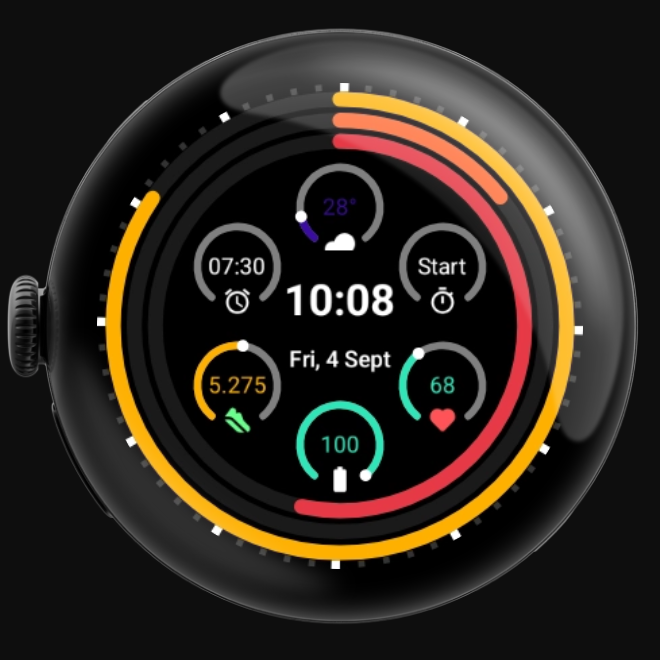 Dots & Arcs watch face, Concentric Arcs style, Sunset color scheme