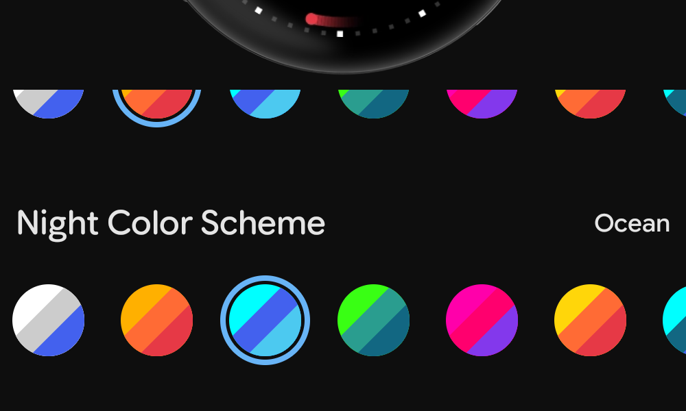 Day and Night color scheme picker in the companion app, showing all 8 named palettes