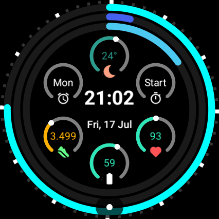 Dots & Arcs watch face with all complications populated: weather, timer, heart rate, battery, steps, alarm